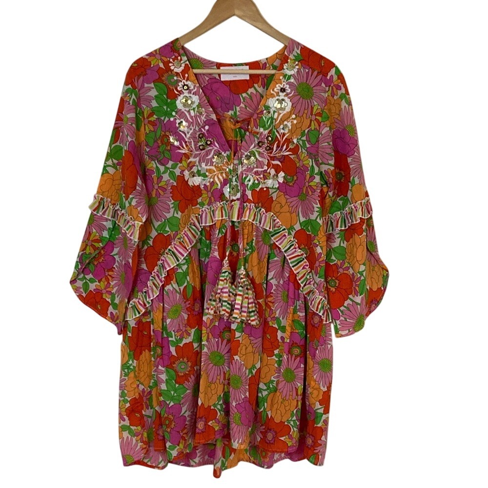 Miss June Paris Womens Vibrant Floral Embroidered‎ Boho Summer Dress Size Large